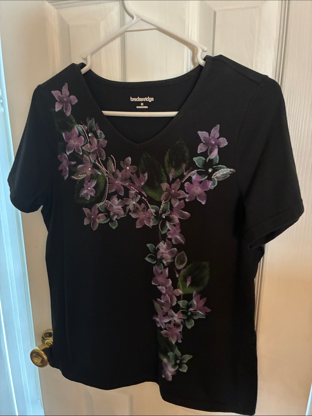 breckenridge Black V-Neck Tee with Purple Floral Design